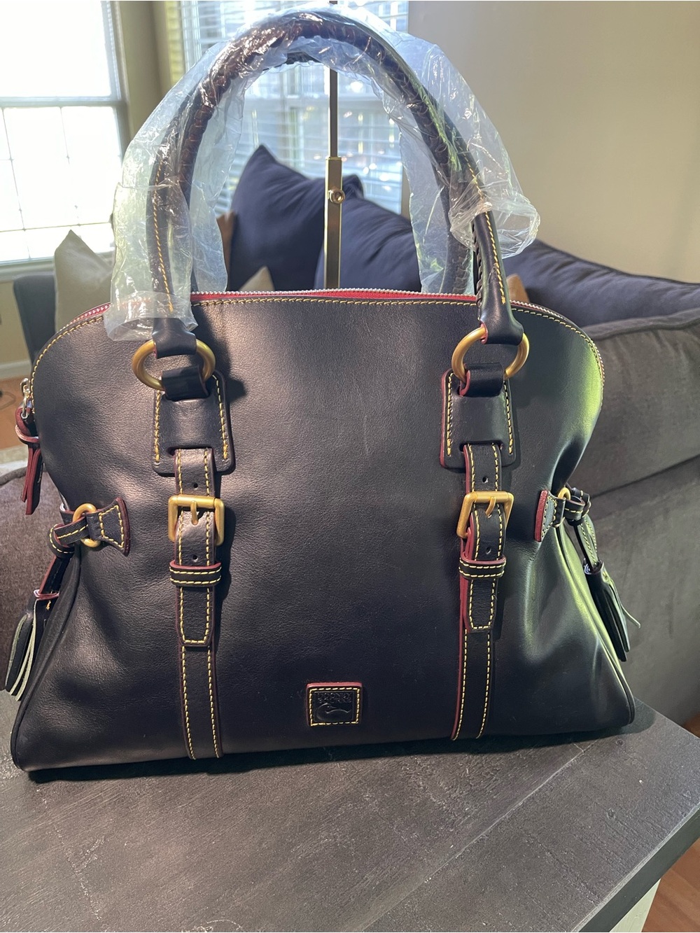 Dooney & Bourke Navy Florentine Leather Domed Buckle Satchel